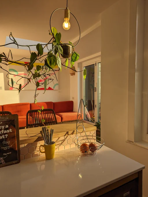 The golden morning light in WRAPs Loft Kitchen with dramatic shadows. 