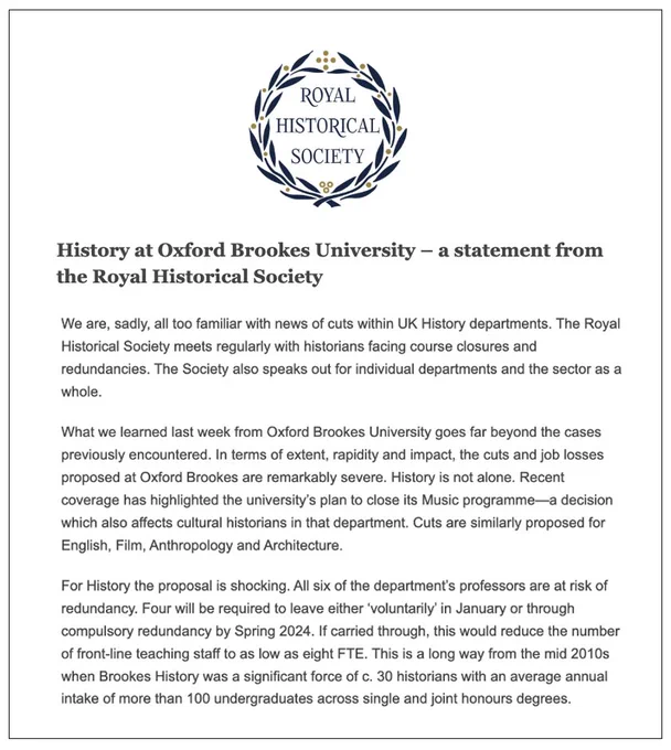 Opening section of Royal Historical Society statement on Oxford Brookes University/