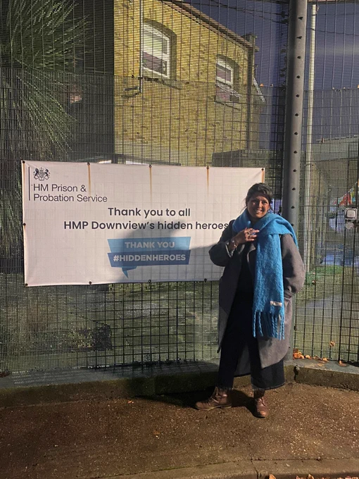A photo of award-winning children's author, Sita Brahmachari, outside HMP Downview after delivering her Readconnect workshop to the women, for their children and family members.
