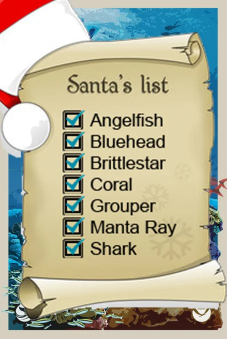 Santa's List of reef creatures with blue checkmarks next to their names, overlaid on a copy of the new poster coming soon.