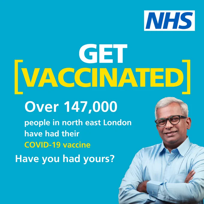 Graphic of man smiling. Text included: Over 147,000 people in north east London have had their Covid-19 vaccine. Have you had yours?