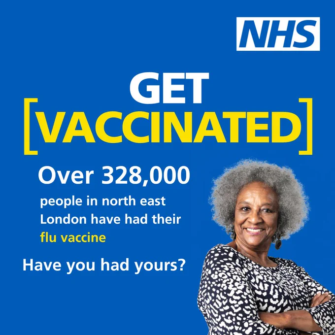 Graphic of woman smiling. Text included: Over 328,000 people in north east London have had their flu vaccine. Have you had yours?