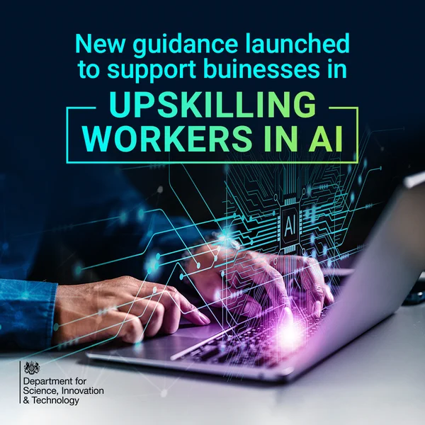 Hands typing at a laptop, with futuristic computer patterns coming out from the keyboard. Text reads 'New guidance launched to support business in upskilling workers in AI'