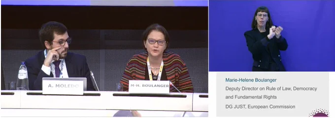 Screenshot of Marie Helene Boulager speaking with sign language interpreter on the right.