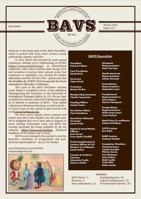 Front page of Winter 2023 British Association for Victorian Studies newsletter. On the left is the editors' welcome, including an image of a Victorian Christmas card depicting Illustration of anthropomorphized animals and wine bottles in finery at a party. On the left is the list of members of the BAVS executive committee. Screenreadable PDF via link in tweet.