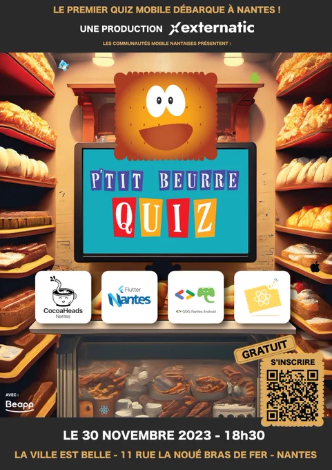 Affiche de l'événement Le P'tit beurre Quiz. Jeudi 30 novembre à 18h30 à La Ville Est Belle, 11 rue de la Noué Bras de Fer à Nantes.