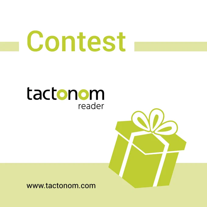 The image depicts an advertising poster for a giveaway. In the upper part of the image, "Gewinnspiel" (Giveaway) is prominently displayed in green. Below it, the text "tactonom" appears in black, followed by "reader" in smaller font. In the lower part of the image, a green gift box with a ribbon is illustrated. Below the gift box, the website "www.tactonom.com" is written in black. The background of the poster is white with a green bar at the bottom.