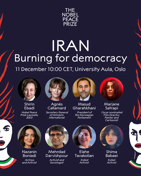Navy coloured poster for 2023 Nobel Peace Prize Forum. The text says: "Iran - Burning for democracy. 11 December 10:00 CET, University Aula, Oslo." 