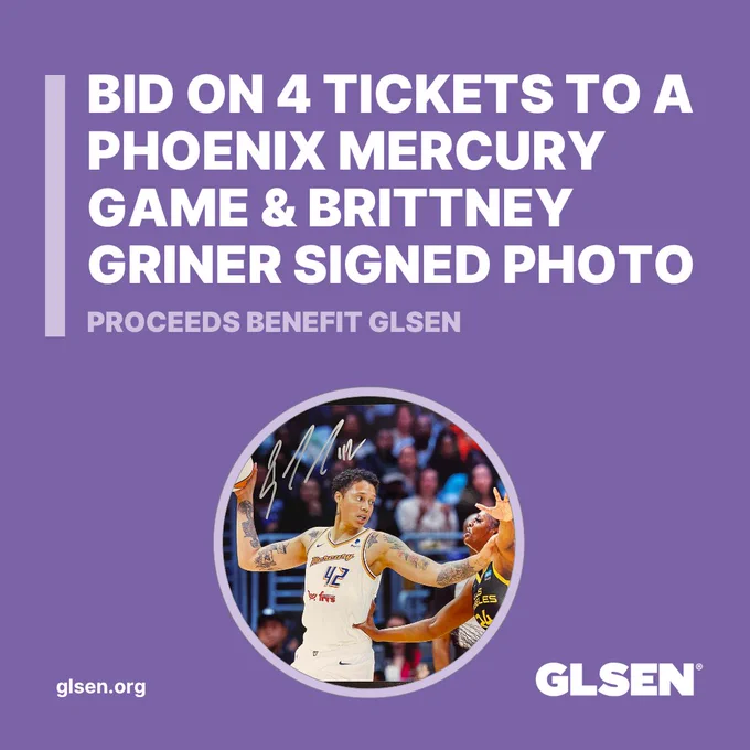 Bold white text reads "Bid On 4 Tickets to a  Phoenix Mercury Game & Brittney Griner Signed Photo" and features a picture of Brittney Griner.