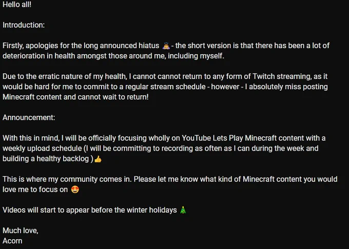 Picture with text explaining hiatus and return to Youtube. Full text version available at youtube.com/@profacorn/community for better readable.
