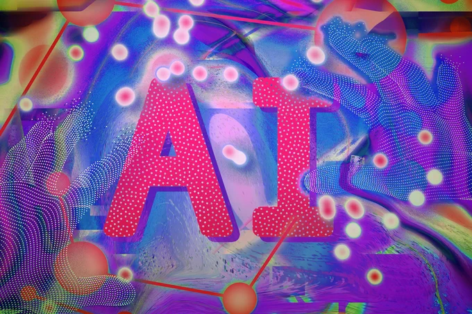 Pink and pixelated letters A and I with neon colors and shapes surrounding the letters