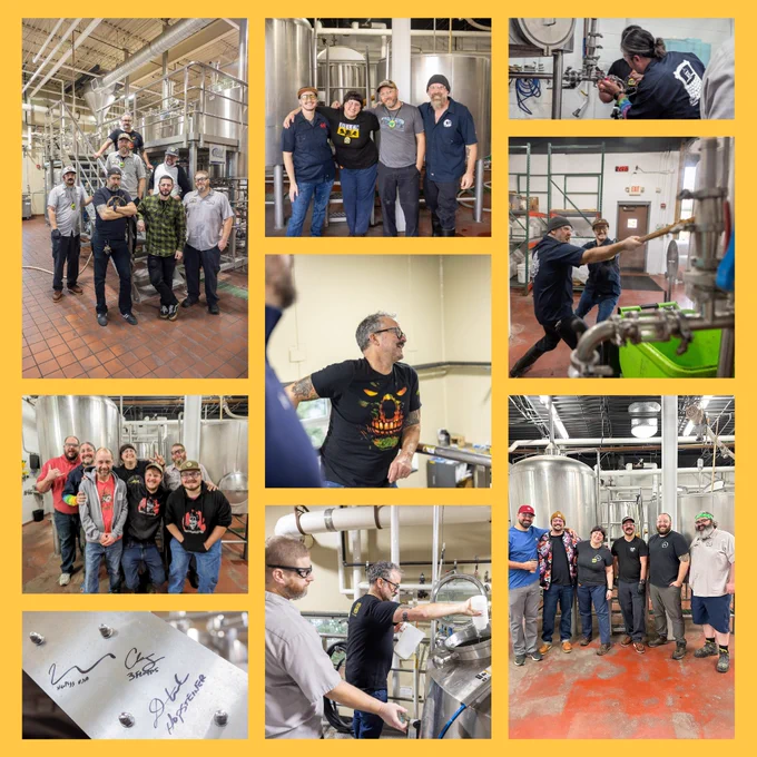 Photos captured on brew days for Bell's 2023 Eccentric Collaboration Ale. Pictured clockwise starting top right: One Well Brewing, Broad Leaf Brewing, Brewery Vivant, Wax Wings Brewery, 3 Floyds Brewing, One Well Brewing, 3 Floyds Brewing, Broad Leaf Brewing, Brewery Vivant, 3 Floyds Brewing.
