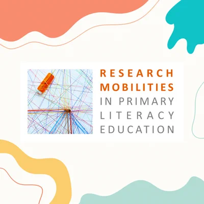 Podcast cover image. Text says: Research Mobilities in Primary Literacy Education. Next to it, there is a picture of an orange spool of thread with lines of colourful thread criss-crossing each other as they move across and outside the screen 