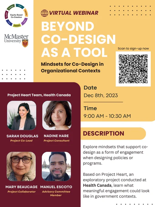 Poster: Beyond-co-design as a tool, mindsets for co-dseign in organizational contexts. Dec. 8th 9:00-10:30. Eventbrite link: https://www.eventbrite.ca/e/beyond-co-design-as-a-toolmindsets-for-co-design-in-organizational-context-tickets-767791494027
