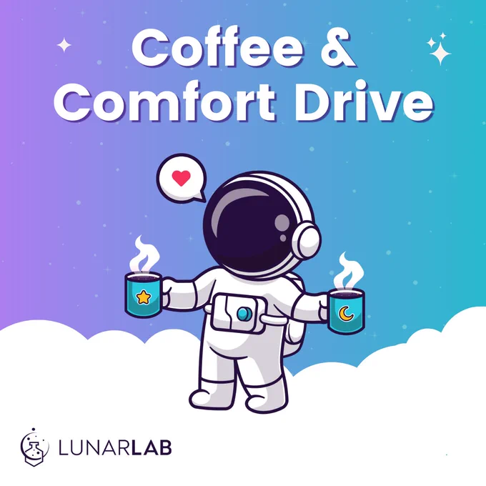 Illustration of an astronaut in a white space suit holding two steaming cups of coffee, one in each hand, against a starry space backdrop with a purple gradient. Above the astronaut, the title reads as "Coffee & Comfort Drive".