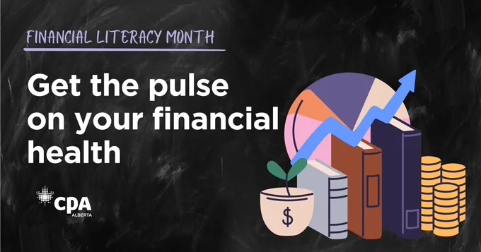 A black chalkboard background with decorative graphics depicting books, a plant, money, and a pie chart. Text: Get the pulse on your financial health.