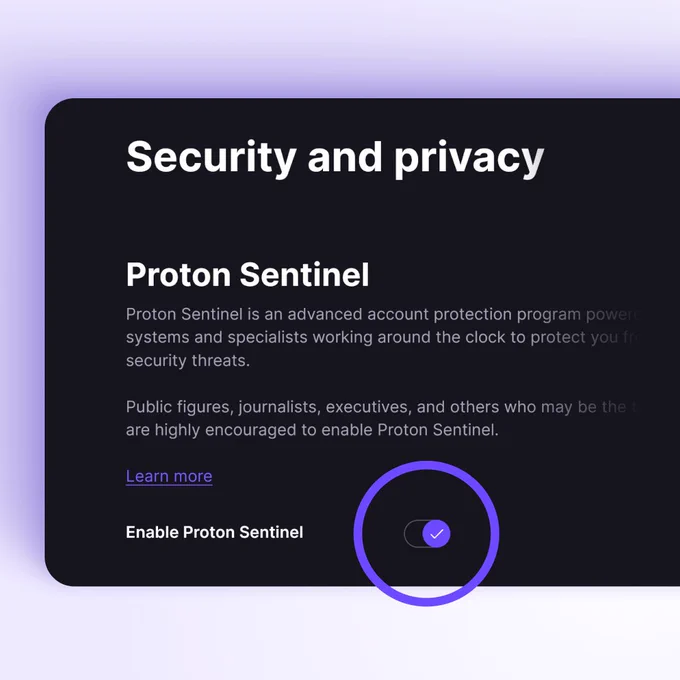A screenshot of security and privacy settings screen, showing the toggle to enable Proton Sentinel