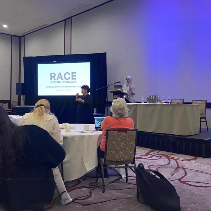 Photo of Raihanna Hirji-Khalfan, IDEA Project Leader, presenting at the Disability and Work in Canada 2023 Conference.