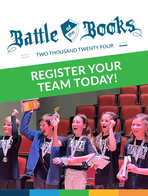 Battle of the Books logo and registration information with a group of middle schoolers celebrating their win.