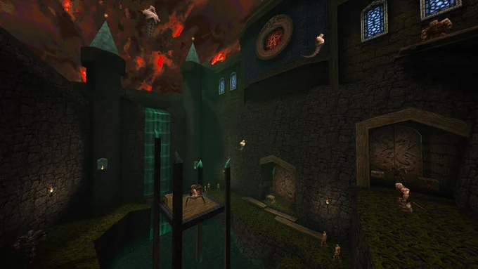 Image of gameplay from our latest free Add-on for Quake: Spiritworld featuring a foreboding castle scene filled with roaming enemies.