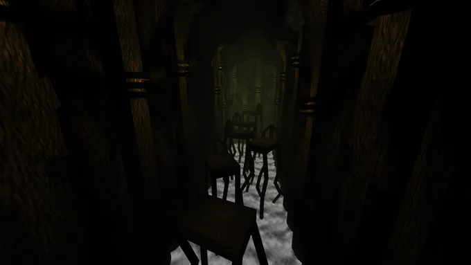 Image of gameplay from our latest free Add-on for Quake: Spiritworld featuring an eerie jump puzzle of floating highchairs over a floor of ominous clouds.