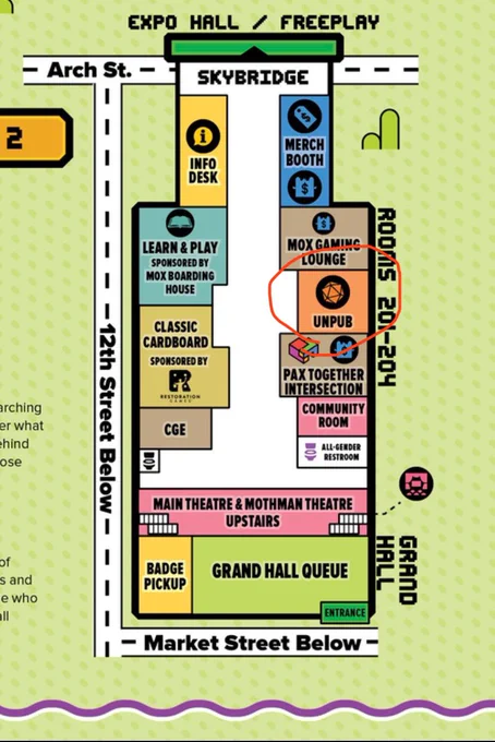 A cropped screenshot of the PAXU map where 12th street and Market Street with the UnPub room circled.