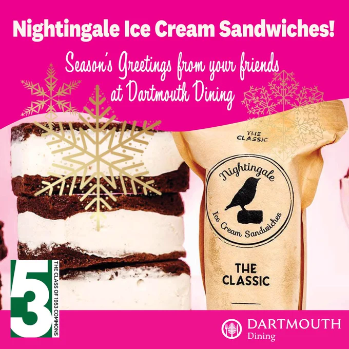 Graphic promoting free Nightingale Ice Cream Sandwiches at '53 Commons tomorrow during lunch.