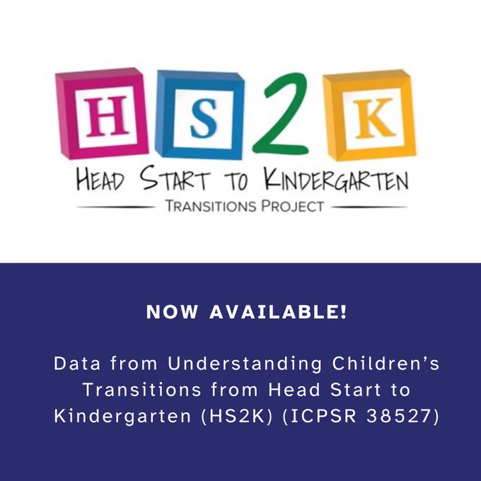 Blue and white image with text, "Now available: Data from Understanding Children’s Transitions from Head Start to Kindergarten (HS2K)"