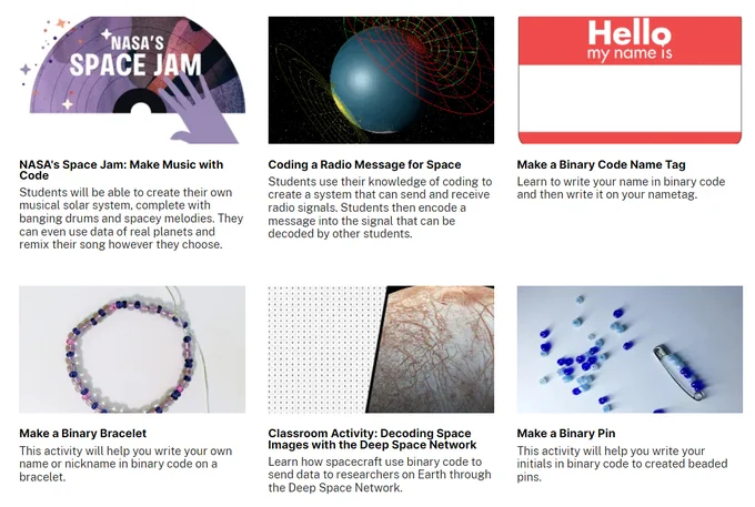 A collage of 6 thumbnail graphics and descriptions of computer science themed activities, including NASA's Space Jam: Make Music With Code, Coding a Radio Message for Space, Make a Binary Code Name Tag, Make a Binary Bracelet, Decoding Space Images, and Make a Binary Pin