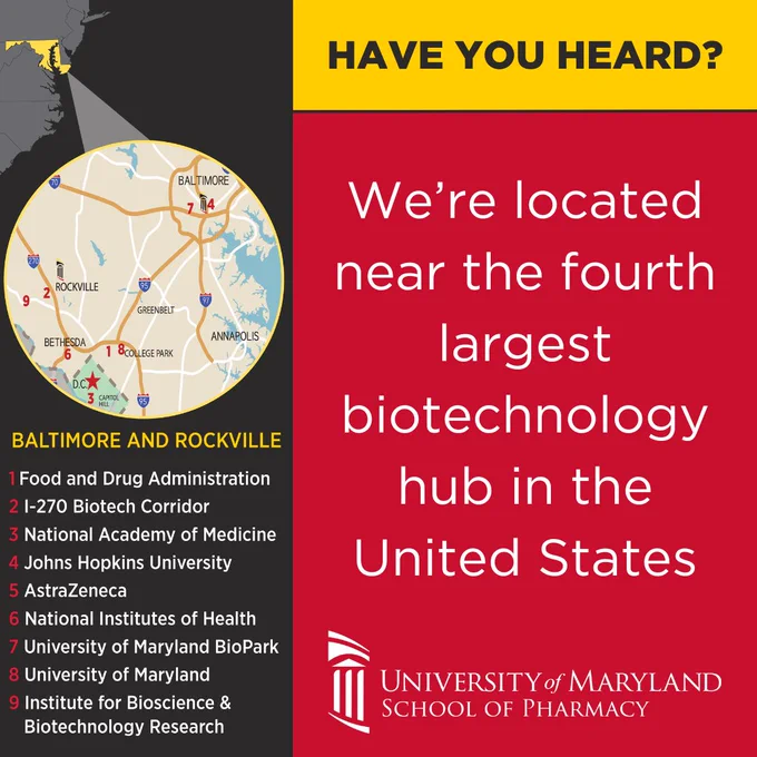 A map of DC metro area with a list of research centers, government agencies, and other schools and next to that in white text on a red background the words “we’re located near the fourth largest biotechnology hub in the united states”