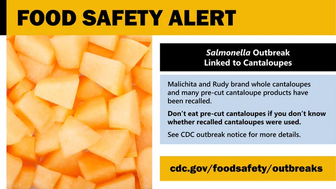 Cantaloupe chunks, with text saying, “Food safety alert. Salmonella outbreak linked to cantaloupes. Malichita and Rudy brand whole cantaloupes and many pre-cut cantaloupe products have been recalled. Don’t eat pre-cut cantaloupes if you don’t know whether recalled cantaloupes were used. See CDC outbreak notice for more details. cdc.gov/foodsafety/outbreaks”