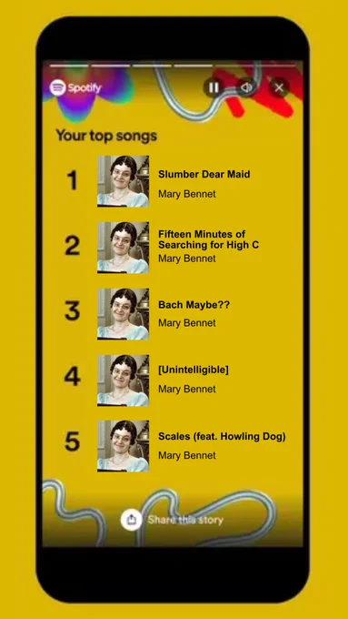 Spotify unwrapped is displayed on a cellphone. "Your top songs" is listed at the top. Underneath that is "1 Slumber Dear Maid, Mary Bennet; 2 Fifteen Minutes of Searching for High C, Mary Bennet; 3 Bach Maybe??, Mary Bennet; 4 [Unintelligible], Mary Bennet; 5 Scales (feat. Howling Dog), Mary Bennet." The same picture of Lucy Briers as Mary Bennet in Pride and Prejudice (1995) is featured next to each song.