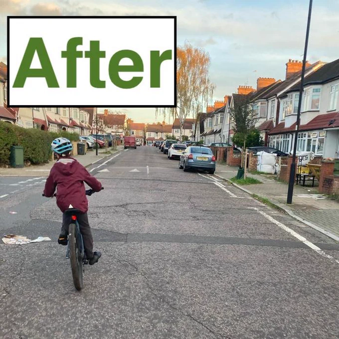 A child is cycling on a clear street with no visible danger