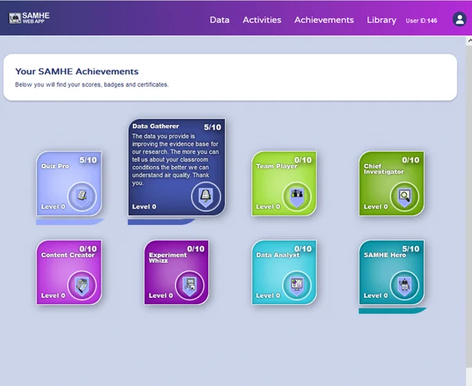 Screenshot of the achievements page of the SAMHE Web App, taken October 2023, showing the different badges, how you obtain them, and progress towards them.