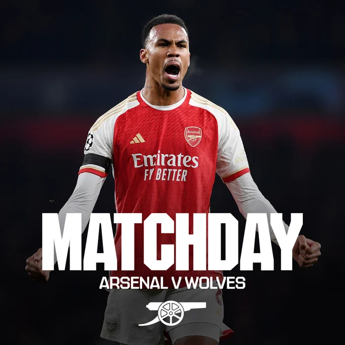 Our matchday graphic for Arsenal v Wolves featuring Gabriel celebrating.