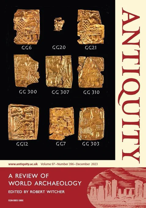 Cover of the December issue of Antiquity, featuring gold foil figures