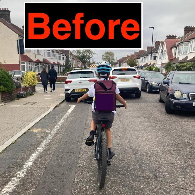 A child is trying to cycle on a street but there is no space as cars take up the road