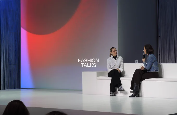 Lena-Sophie Röper and Ann Claes talk on stage at Fashion Talks in Antwerp, Belgium 