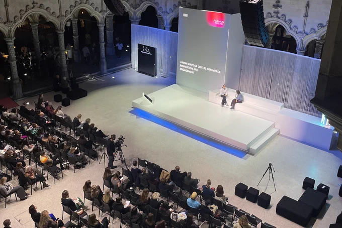 Lena-Sophie Röper and Ann Claes talk on stage at Fashion Talks in Antwerp, Belgium 