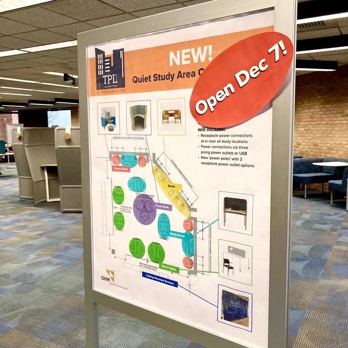 Library sign with new study space mockup map that says: Open Dec 7