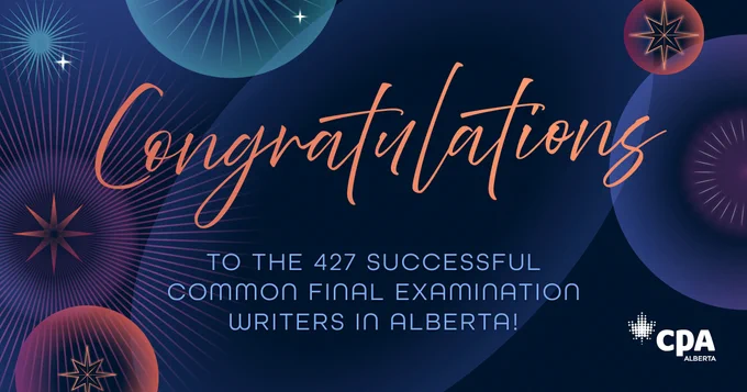 A navy-blue background overlaid with a various celestial illustrated icons centered around the text. Text: Congratulations to the 427 successful Common Final Examination writers in Alberta!
