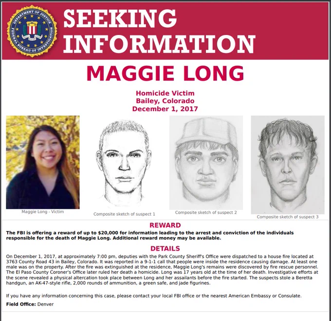 Maggie Long reward poster in English