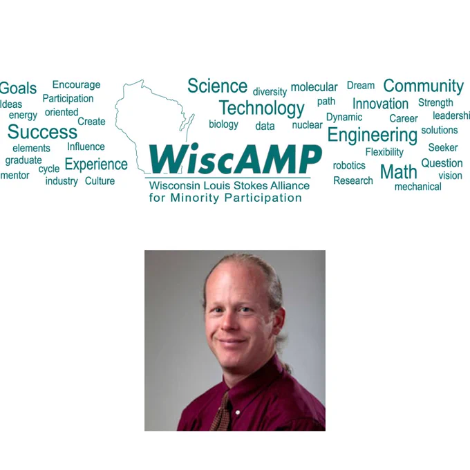 WiscAMP logo and headshot of male. 