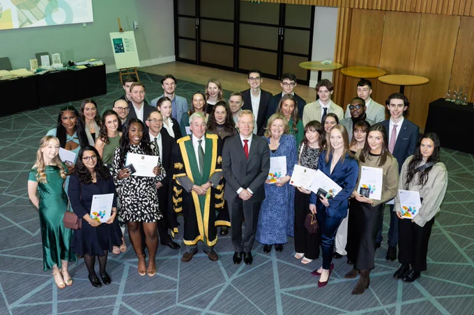 Patrick O'Leary, Maurice Manning and His Excellency Vincent Guérend with the award recipients from University College Dublin
