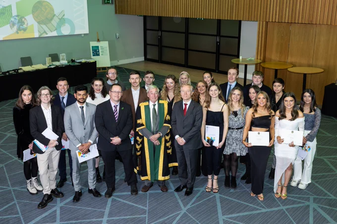 Patrick O'Leary, Maurice Manning and His Excellency Vincent Guérend with the award recipients from University of Galway