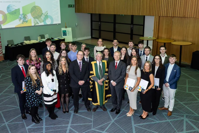 Patrick O'Leary, Maurice Manning and His Excellency Vincent Guérend with the award recipients from University College Cork