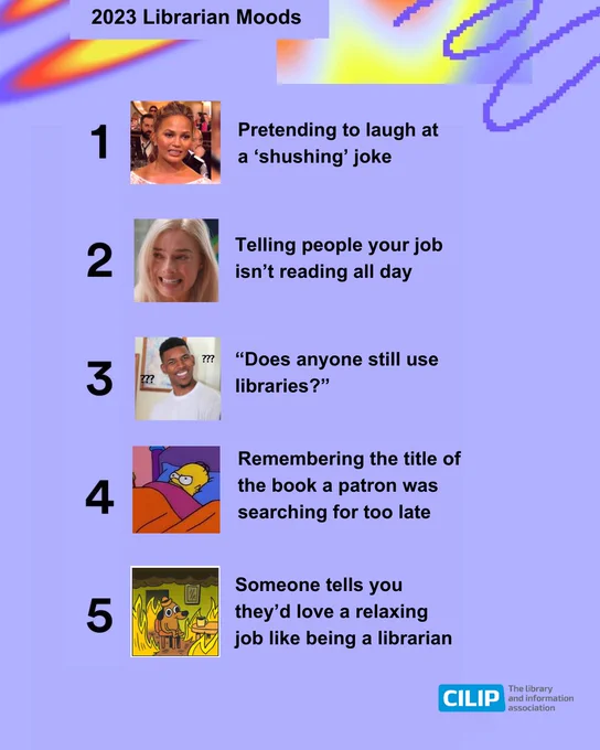 A background that looks like Spotify wrapped, but called 2023 Librarian moods. The list is: 1 - pretending to laugh at a 'shushing' joke with an image of a woman looking awkward. 2 - Telling people your job isn't reading all day, with an image of a woman crying. 3 - "Does anyone still use libraries?", with an image of a man looking confused with question marks around his face. 4 - Remembering the title of the book a patron was searching for too late, with an image of Homer Simpson looking furious underneath a blanket. 5 - Someone tells you they'd love a relaxing job like being a librarian, with an illustrated image of a dog sitting inside a house that is on fire, but the dog is smiling happily. 