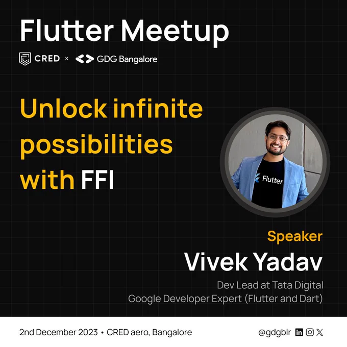 🎤 Excited to announce tomorrow's session by @viveky259259, Dev Lead at Tata Digital and @GoogleDevExpert for Flutter and Dart, at the Flutter Meetup hosted by @CRED_club x GDG Bangalore.