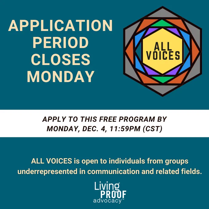 ALL VOICES logo with text: Application period closes Monday.