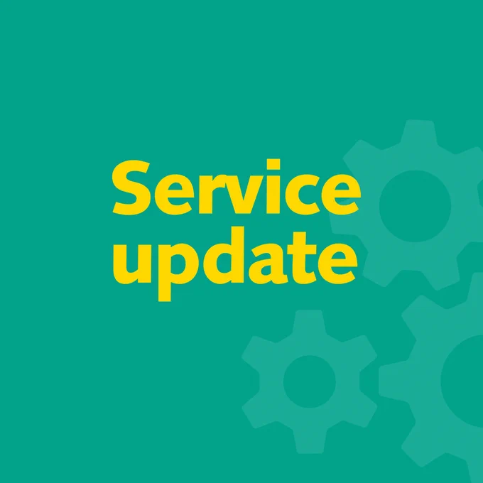 A teal graphic with three light transparent mechanical cogs in the corner. Yellow letters in a large font read Service update